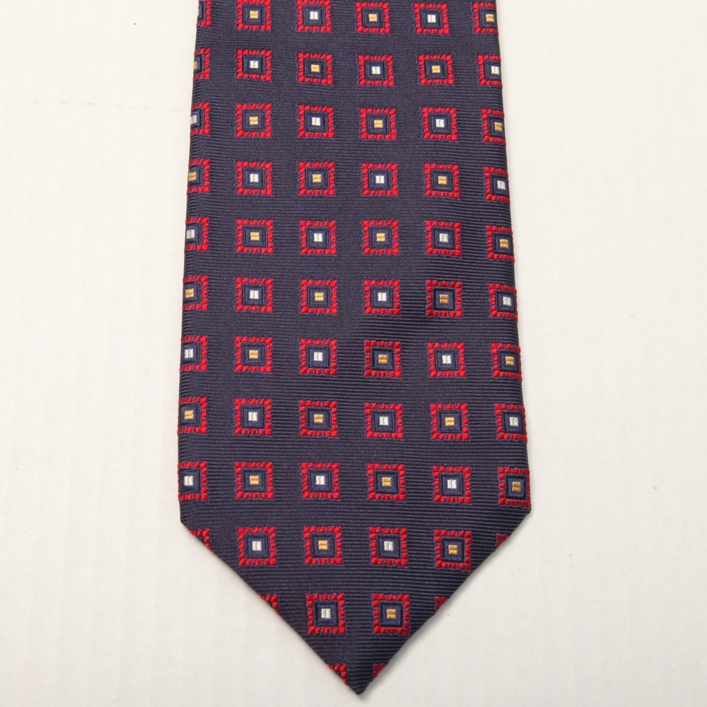 Canali Silk Tie Mens One Size Navy Blue Red Geometric Square Made in Italy